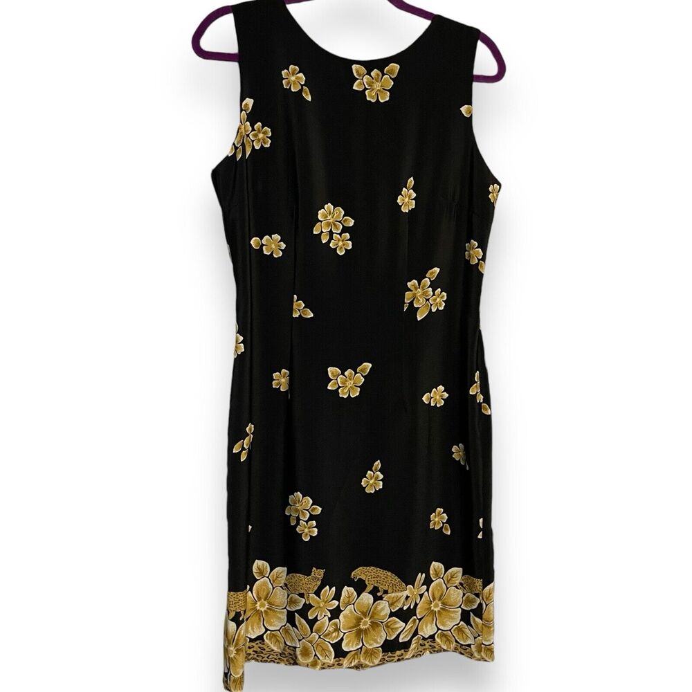 Betsy Lauren Midi Length Shift Dress Women 10 Black Gold Floral Leopard Academia